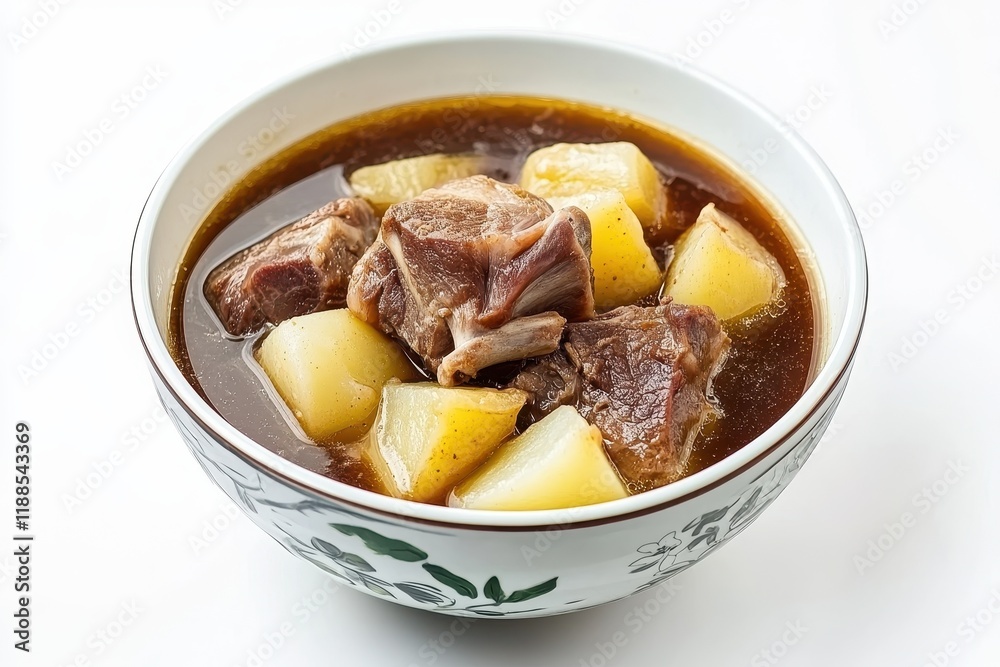 Korean soup with pork bones and potatoes on white background Korean soup with pork bones and potatoes on white background