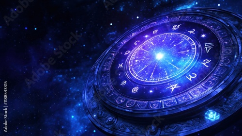 Image of zodiac wheel spinning on starry night sky. Horoscope, zodiac, star signs and astrology concept digitally generated image.