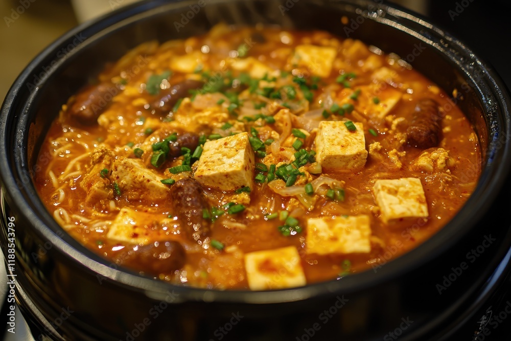 Korean spicy army stew with tofu noodles sausages mushrooms spam and kimchi Korean spicy army stew with tofu noodles sausages mushrooms spam and kimchi