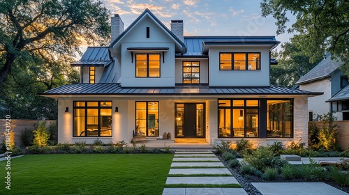  Contemporary modern farmhouse with a pitched roof and gabled dormers, painted a soft white with contrasting black window frames and a dark gray metal roof for a chic look.