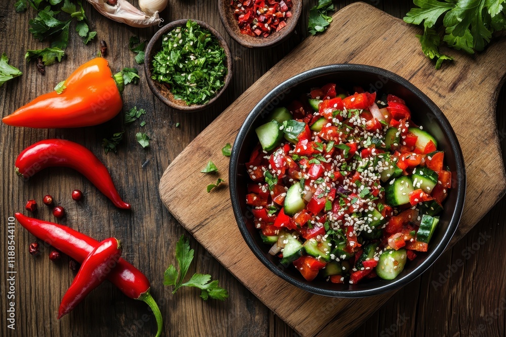 Korean spicy cucumber salad with sesame and chili in a bowl surrounded by fresh peppers on a cutting board Korean spicy cucumber salad with sesame and chili in a bowl surrounded by fresh peppers on a cutting board