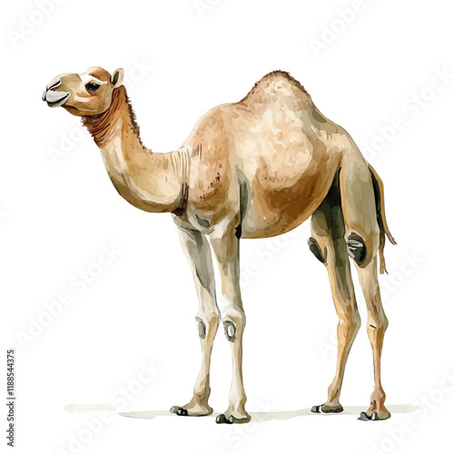 A watercolor vector painting of a camel, isolated on a white background. Camel vector.

