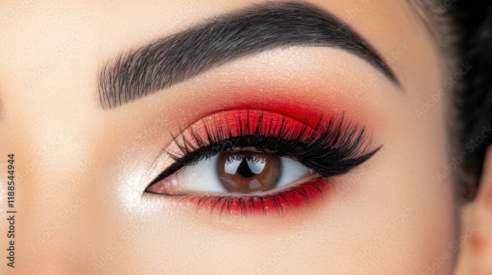 Obraz premium A close up of a woman's eye with a red eye shadow