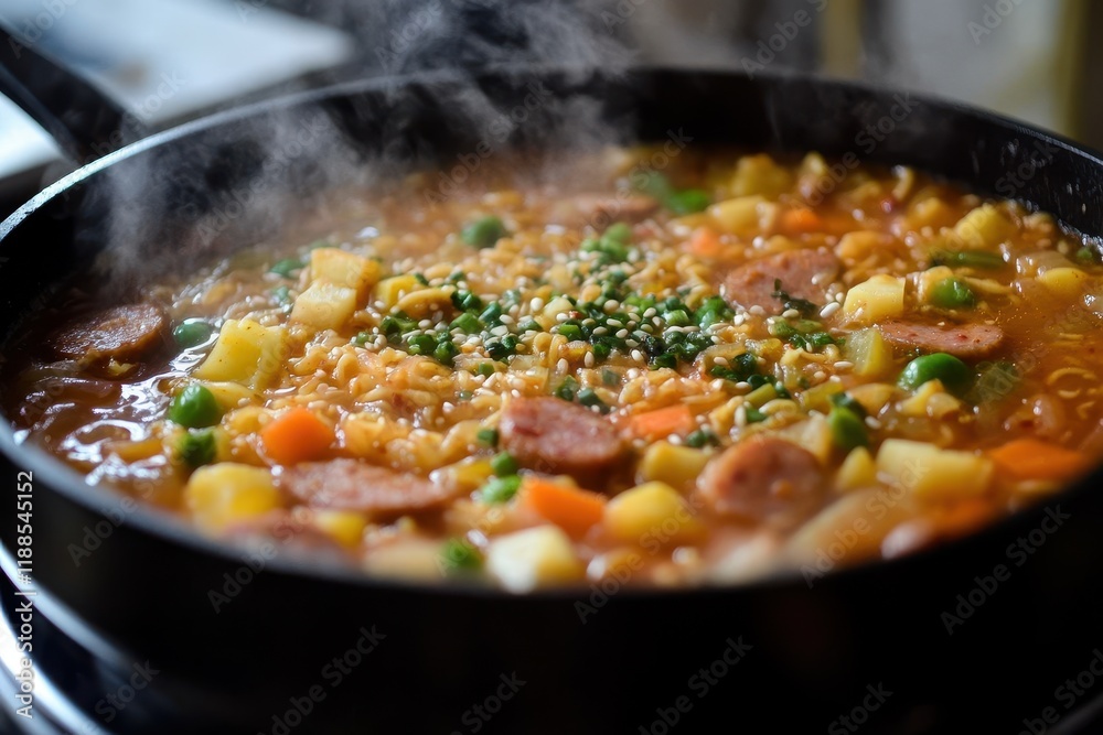 Making Army stew at home with instant ramen sausage and vegetables Making Army stew at home with instant ramen sausage and vegetables