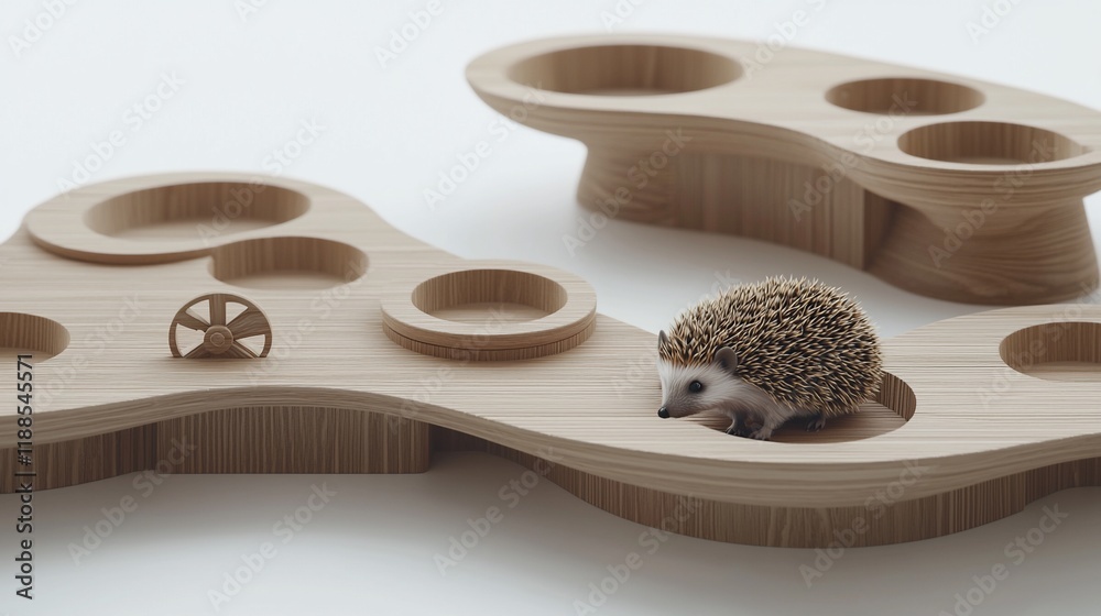 Obraz premium Hedgehog exploring a minimalist wooden habitat.