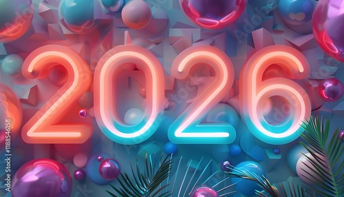 Jahreszahl 2026 im Neon-Stil mit poppigen Hintergrund photo