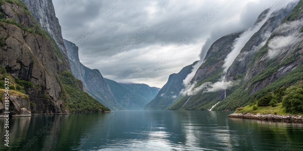 Fototapeta premium Experience the Awe-Inspiring Beauty of a Norwegian Fjord Surrounded by Majestic Mountains