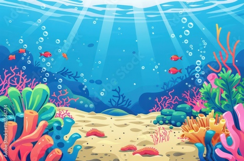 cute cartoon style landscape ocean underwater simple colors sunlight shining down and coral reefs fish minimal illustration