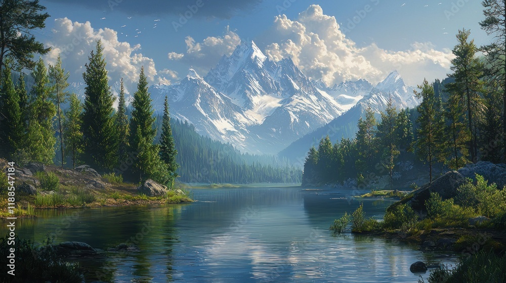 Naklejka premium Serene Mountain Lake Landscape: A Breathtaking Vista of Majestic Peaks and Tranquil Waters