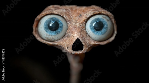 A close up of a skull with blue eyes