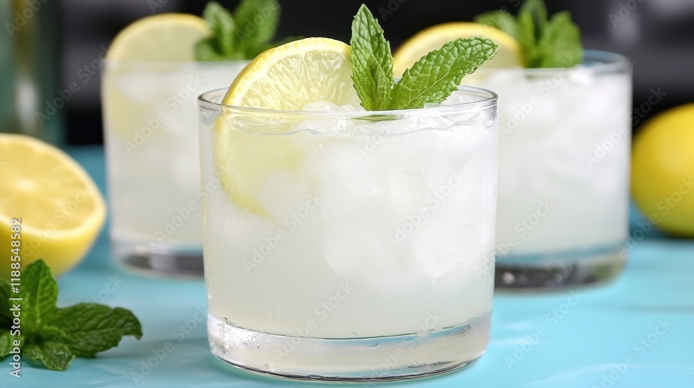 A close up of a glass of lemonade with a slice of lemon on the rim A close up of a glass of lemonade with a slice of lemon on the rim