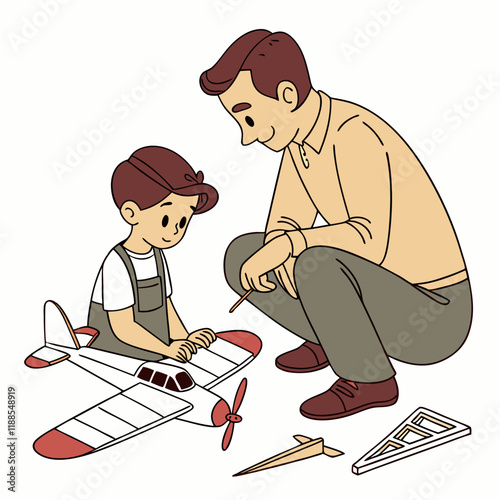 Dad and Son Building Airplane Model