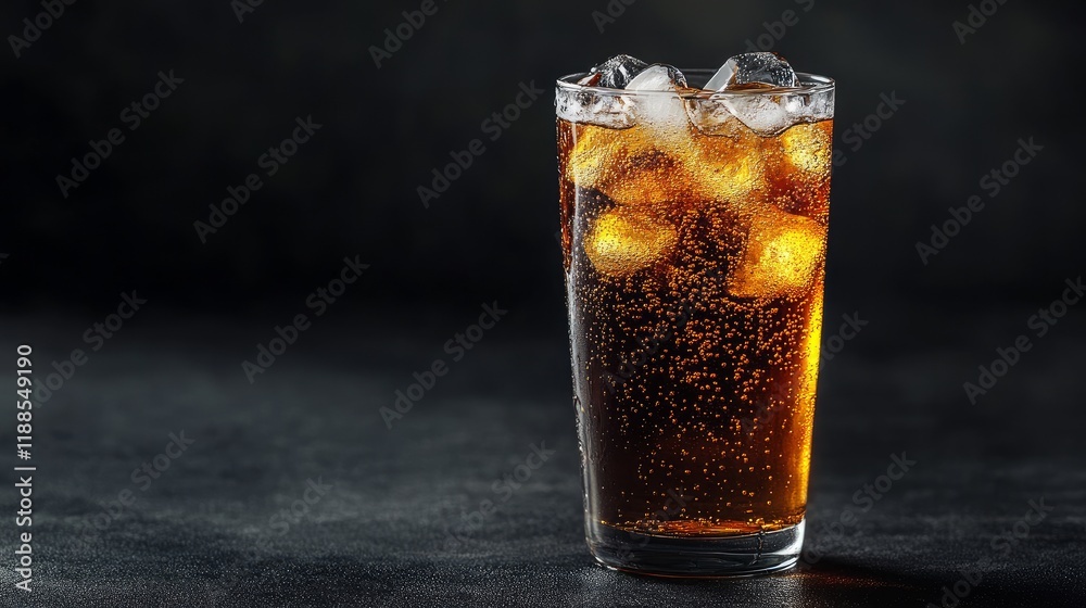 A black background with sparkling soda water in a glass A black background with sparkling soda water in a glass