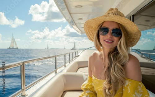 Sun-kissed woman, wide-brimmed straw hat, stylish sunglasses, blonde hair, white tank top, yacht deck, azure ocean background, wispy clouds, vibrant blue sky, tropical vacation vibes, golden hour ligh photo