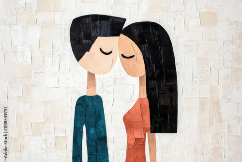 Abstract artwork of a couple in a tender pose with textured colors on a neutral background, representing love and connection