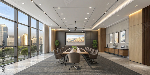 A Modern Conference Room Equipped with a Projector Screen for Presentations photo