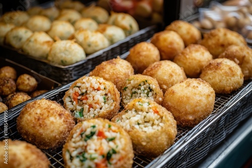 Market arancini deep fried rice croquettes with various fillings typical of Sicilian street food photo