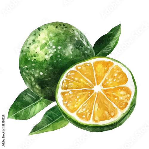 A watercolor vector painting of a calamansi, isolated on a white background. Calamansi vector.

