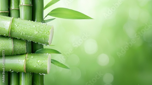 A bunch of green bamboo with water droplets on it