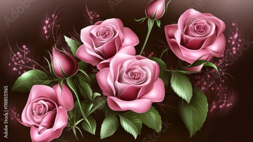 Beautiful Pink Roses Bouquet Digital Painting. Stunning Floral Arrangement with Dark Background. Romantic Floral Design.