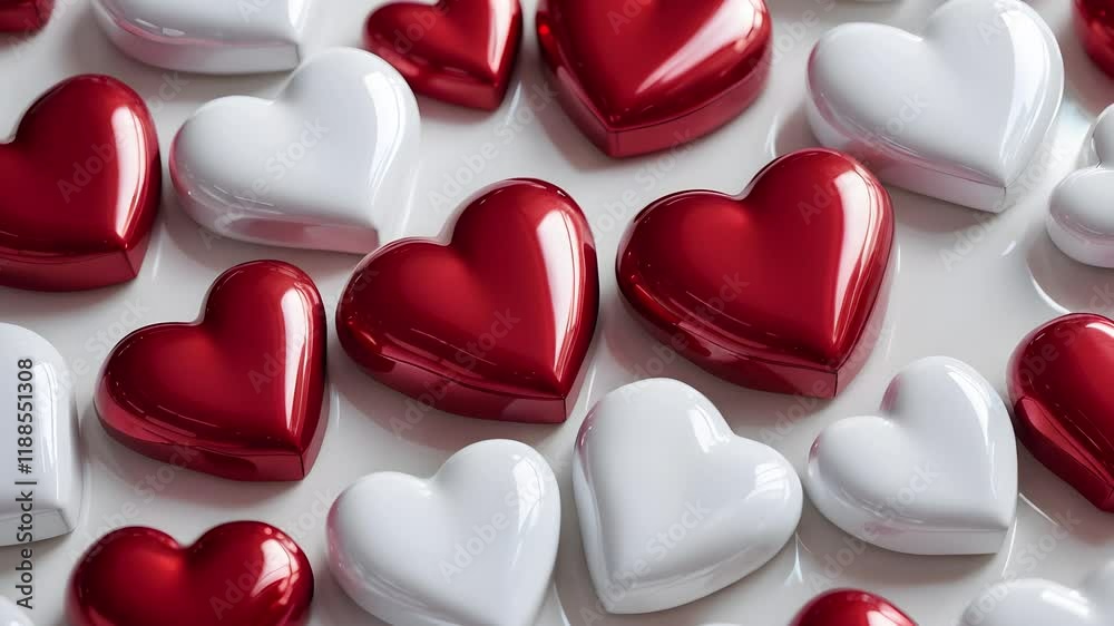 3D Hearts. Glossy red, pink and white background with realistic hearts. Symbol of love. Valentine's Day Hearts. Holiday background animation