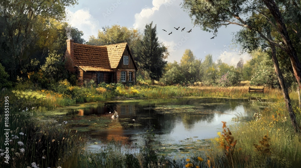 Old house in the countryside, oil paintings landscape with a pond and a house, fine art Old house in the countryside, oil paintings landscape with a pond and a house, fine art