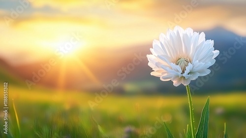 A single white flower in the middle of a green field