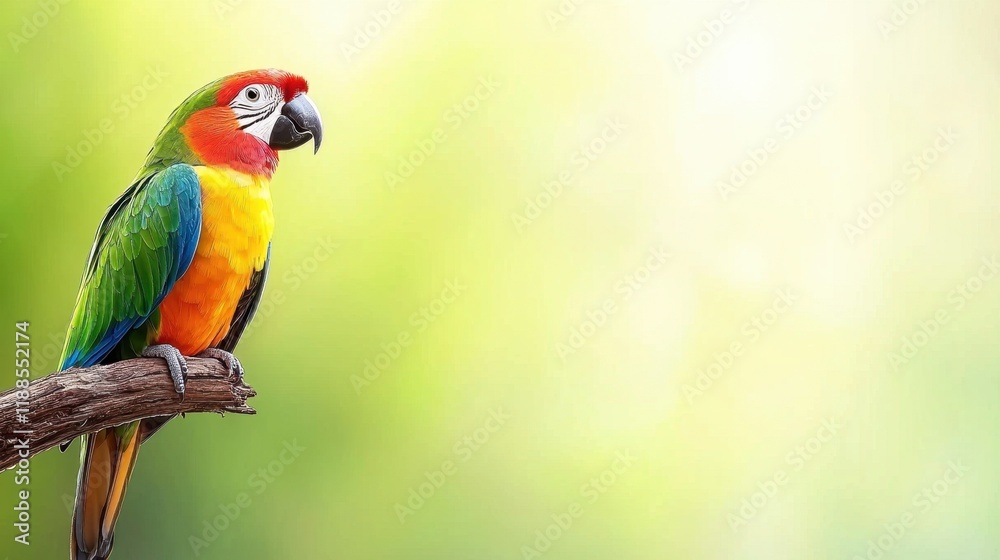 A colorful parrot sitting on a branch with a green background A colorful parrot sitting on a branch with a green background