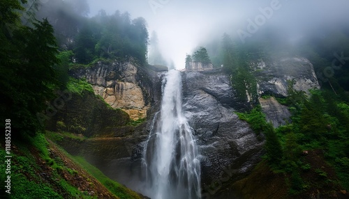 Powerful waterfall cascading down rocky cliffs in misty forest