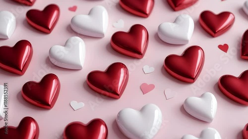 3D Hearts. Glossy red, pink and white background with realistic hearts. Symbol of love. Valentine's Day Hearts. Holiday background animation