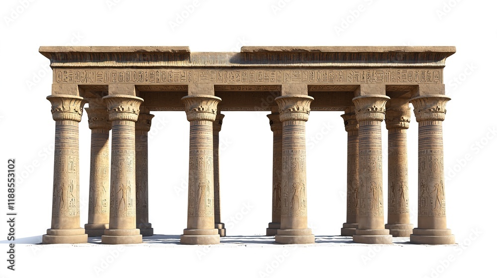 Fototapeta premium Ancient Egyptian Pillars Full Front View Cinematic Style on White Background