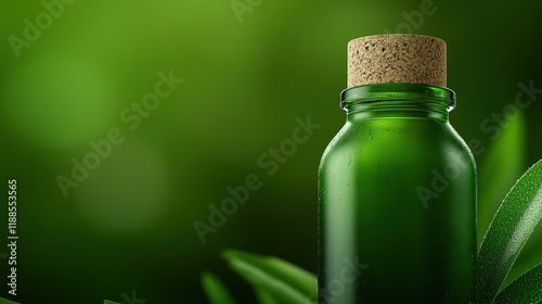 A bottle of green liquid sitting on top of a green leaf
