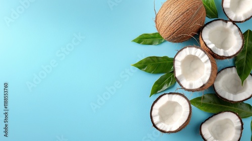 coconuts with leaves on a blue background