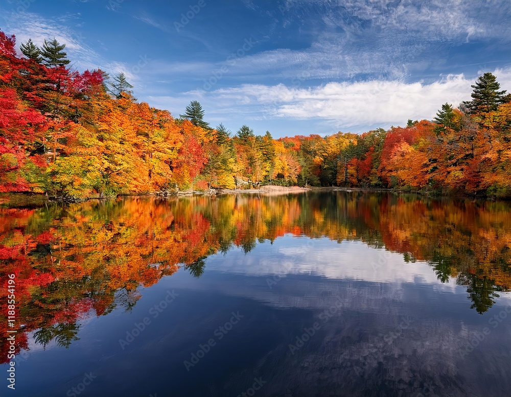 Vibrant fall foliage reflecting in calm lake on sunny day Vibrant fall foliage reflecting in calm lake on sunny day