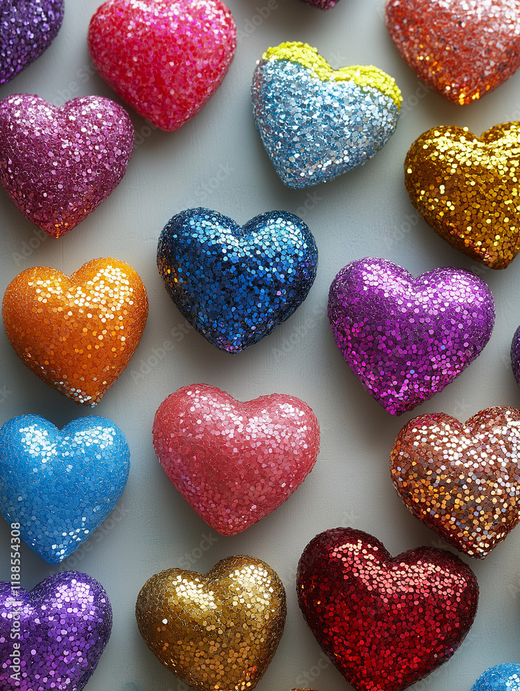 Fototapeta premium Glittering Sequin Hearts with Vibrant Colors for Valentine’s Day