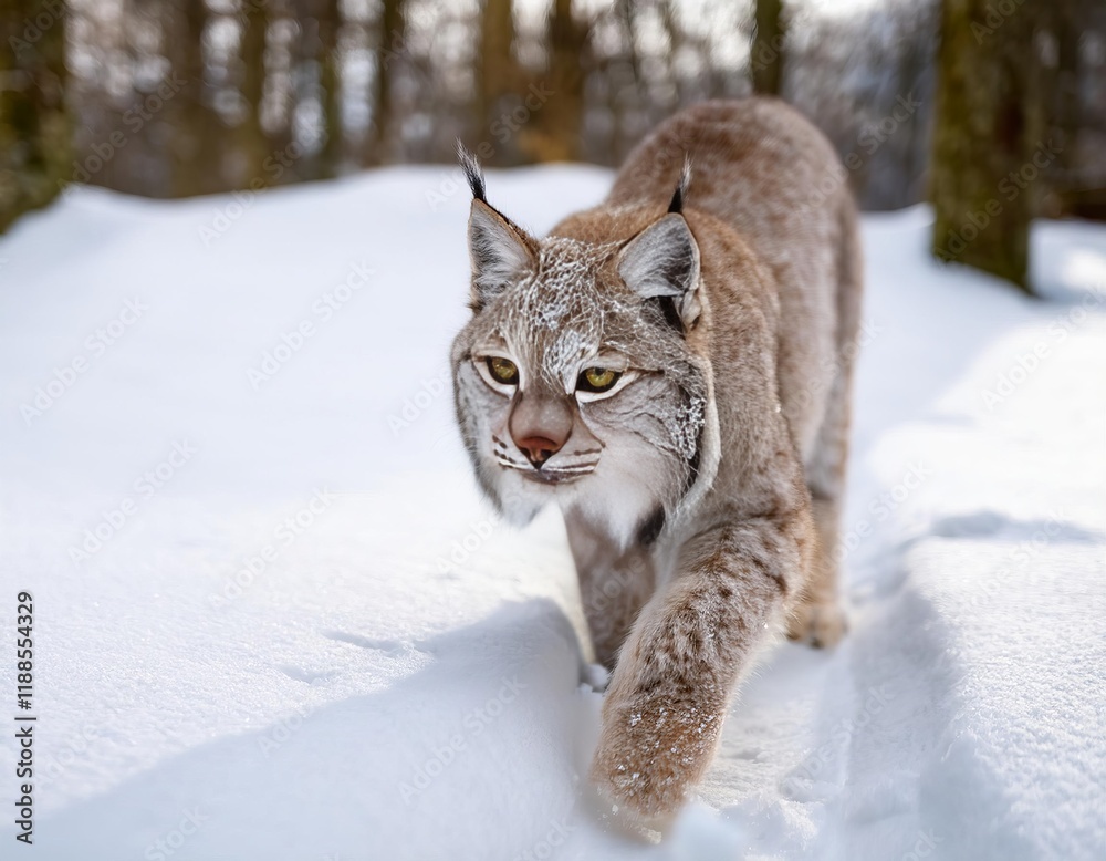 Eurasian lynx walking in the snow in a winter forest Eurasian lynx walking in the snow in a winter forest