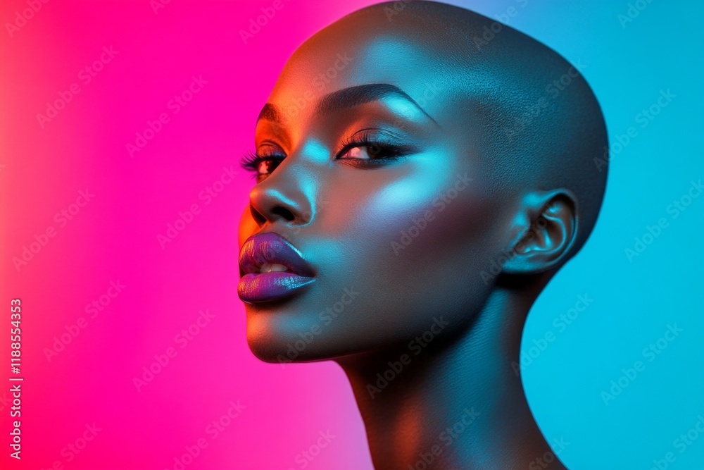 Commercial commercial conceptual art. Attractive calm black girl - for ads, advertisement ad and digital marketing use. Short trim - bald head - no hair. Black beauty commercial idea. Commercial commercial conceptual art. Attractive calm black girl - for ads, advertisement ad and digital marketing use. Short trim - bald head - no hair. Black beauty commercial idea.