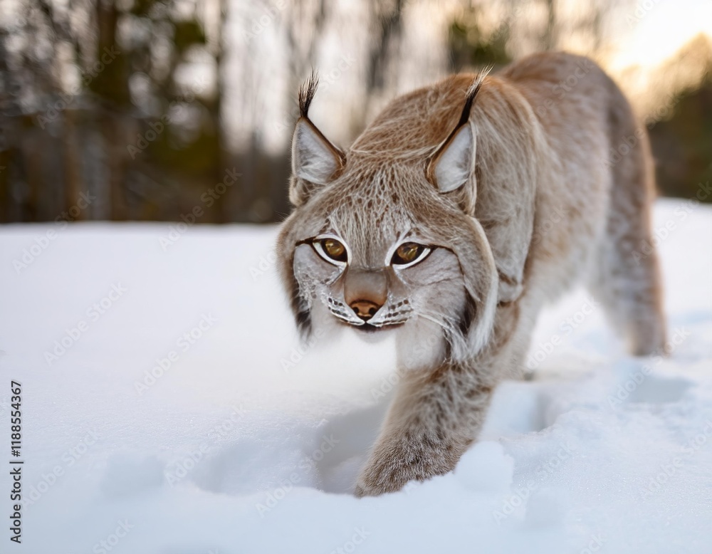 Eurasian lynx walking in deep snow in winter forest Eurasian lynx walking in deep snow in winter forest