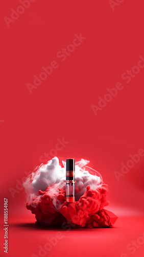 A sleek red electronic vape pen emitting a cloud of smoke, set against a clean background.e-cigarettes, vaping culture, and electronic pods photo