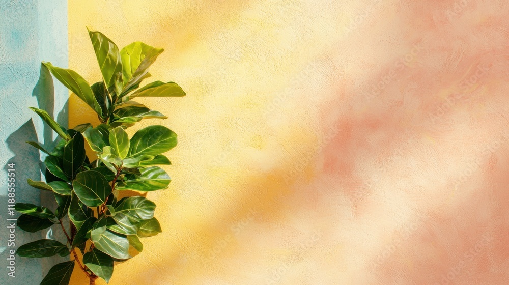 A plant leaning against a wall in front of a colorful wall A plant leaning against a wall in front of a colorful wall
