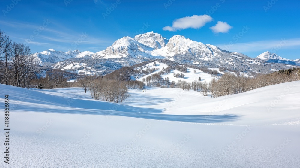 Fototapeta premium A snow covered mountain range with trees in the foreground