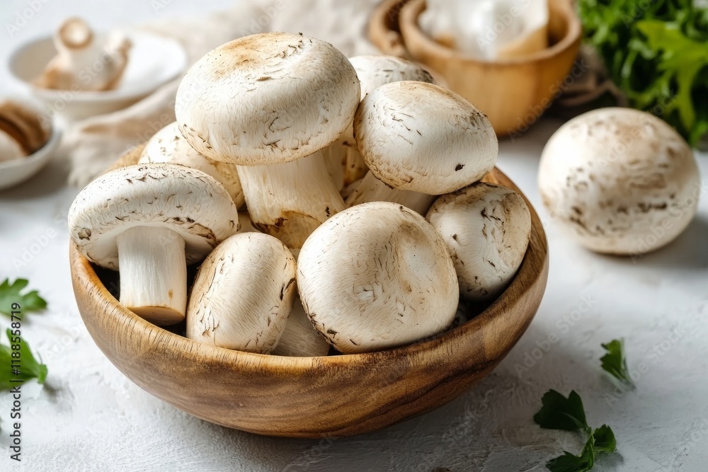 Fresh raw mushroom champignon in wooden bowl, healthy organic food, cooking ingredients Fresh raw mushroom champignon in wooden bowl, healthy organic food, cooking ingredients