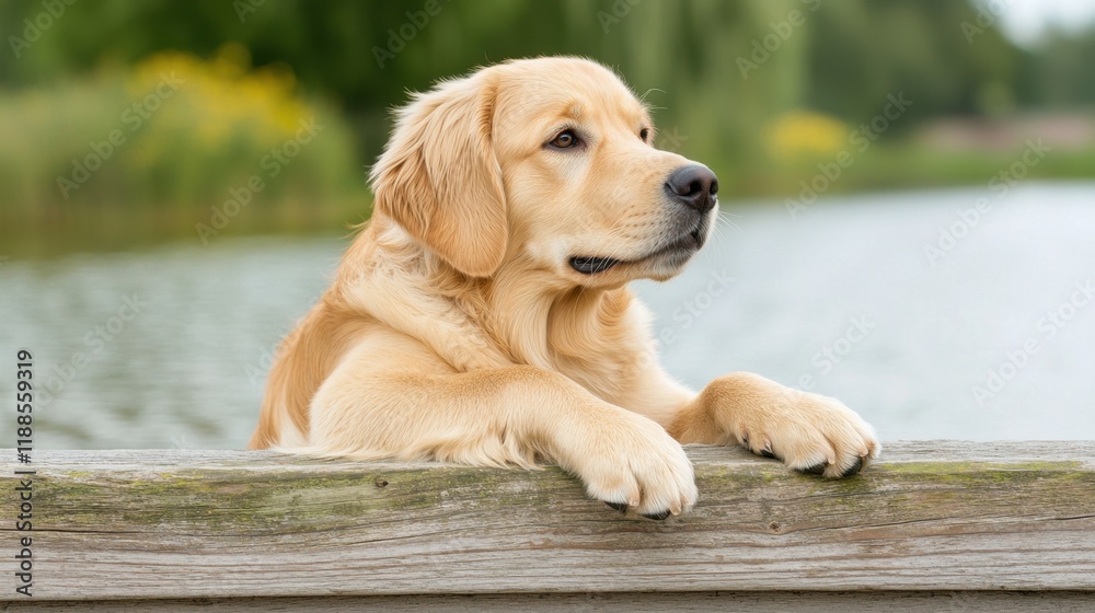A golden retriever laying on a log by the water A golden retriever laying on a log by the water