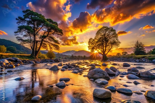 Gunma's Tonegawa River silhouette at sunset: a breathtaking Japanese landscape bathed in golden light and shadow. photo