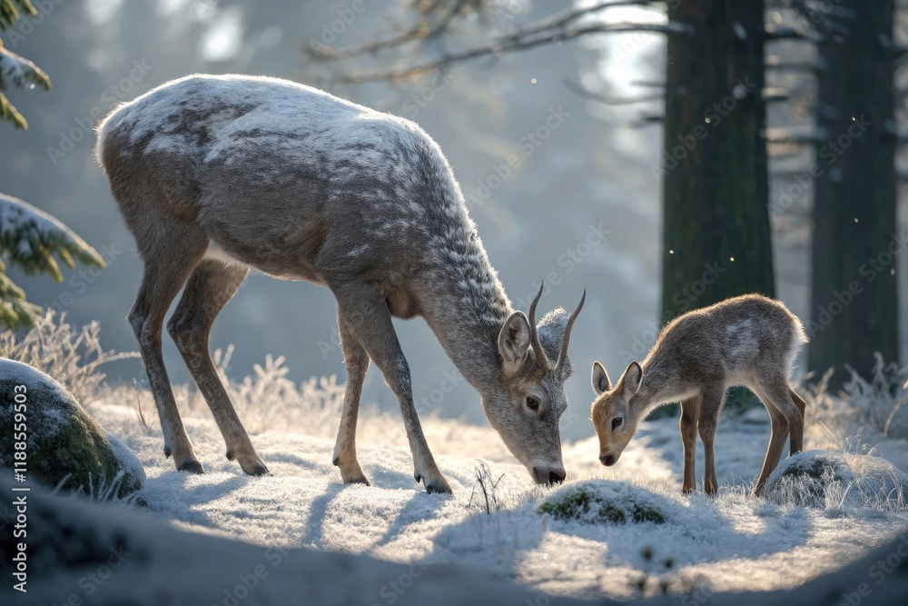 Fototapeta premium A doe and her fawn graze on the forest floor their coats thick with snow and their horns hidden, fawn, forest landscape, doe, frosty, deer