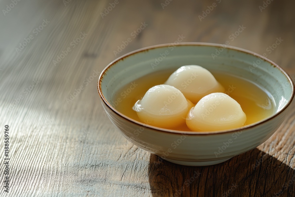 Small glutinous rice dumplings in a bowl with sweet osmanthus syrup on a wooden table Small glutinous rice dumplings in a bowl with sweet osmanthus syrup on a wooden table