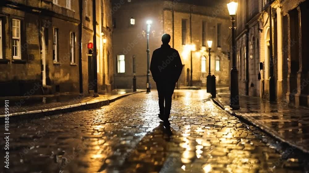 A silhouette of a lone figure walking down a quiet, rain-soaked cobblestone street illuminated by warm streetlights. The moody atmosphere evokes solitude, reflection, and urban serenity A silhouette of a lone figure walking down a quiet, rain-soaked cobblestone street illuminated by warm streetlights. The moody atmosphere evokes solitude, reflection, and urban serenity