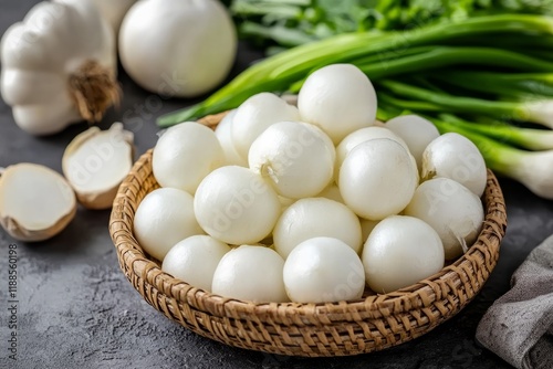 Small white onions in a wicker basket, accompanied by garlic and green onions, creating a fresh and vibrant culinary scene photo