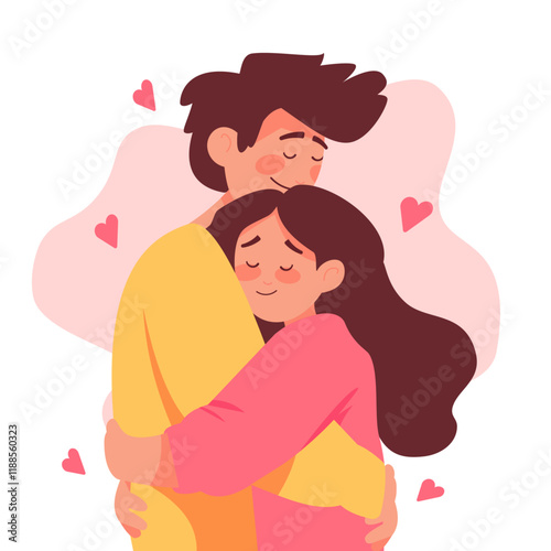 Flat illustration of a happy couple hugging lovingly, surrounded by pink hearts on a soft pastel background