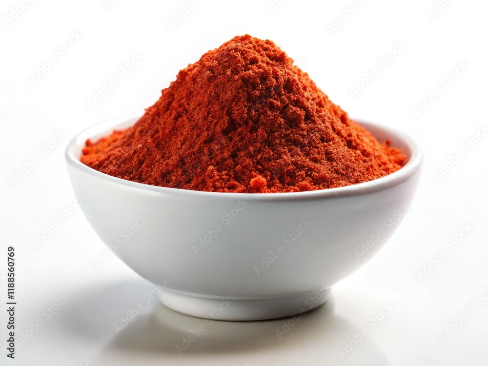 High-resolution image: a white bowl brimming with dried red pepper flakes, miniatured by tilt-shift photography. High-resolution image: a white bowl brimming with dried red pepper flakes, miniatured by tilt-shift photography.